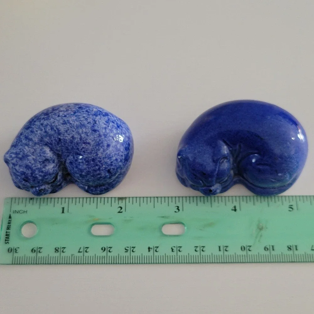 Vtg Enesco Cat 2 Blue Ceramic Shiny Sleeping Mini Figurine Sponge 1983 Taiwan